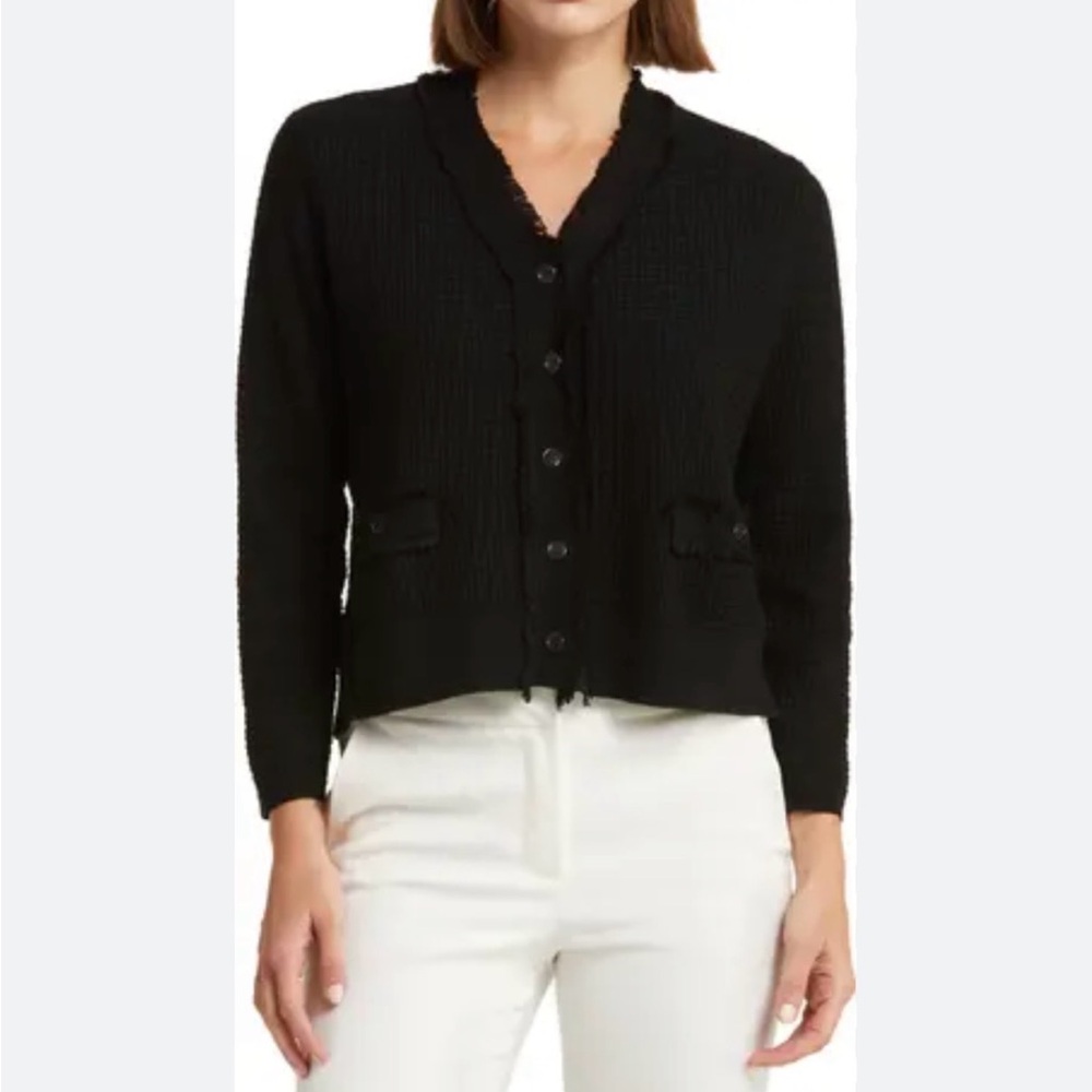 Adrianna Papell Black Button-Up Sweater Frayed Waffle Knit Cardigan L‎
